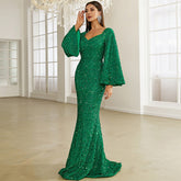 Elegant Sequ Toast Dress Mid Length Slimming Solid Color V neck Evening